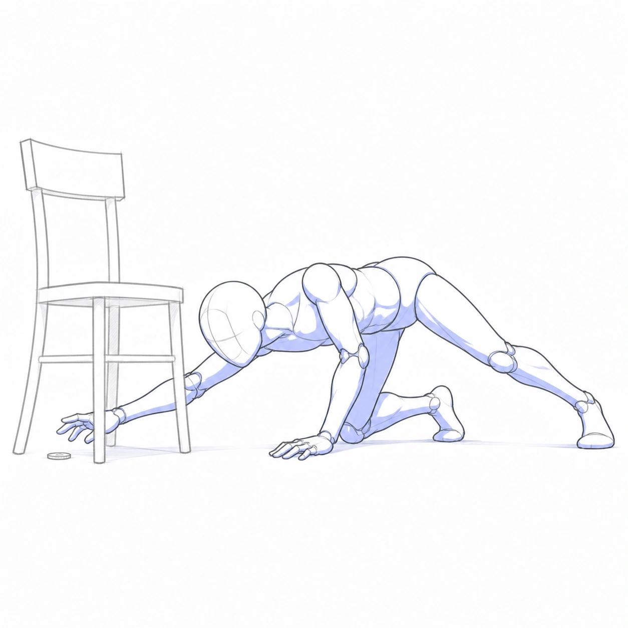 Pose 129: Buscando una moneda bajo la silla
